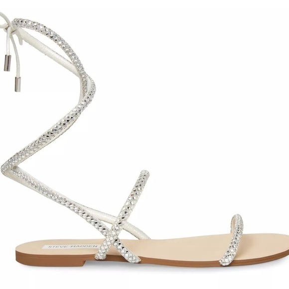 Steve Madden Uplift Heels White Faux Leather Ankle Wrap Crystals 6M - Picture 4 of 11